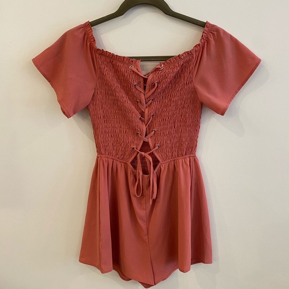 Rose pink lace up romper